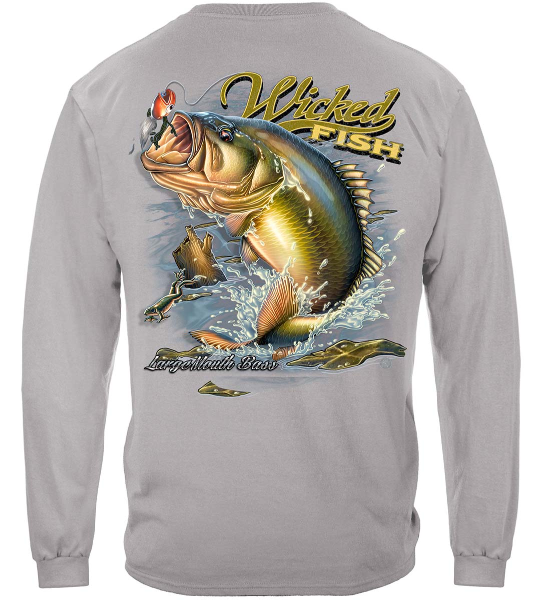 Wicked Fish Largemouth Bass Popper Jumping Frog Long Sleeve Shirt - back view