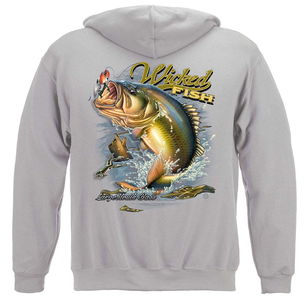 Wicked Fish Largemouth Bass Popper Jumping Frog Hoodie - back view
