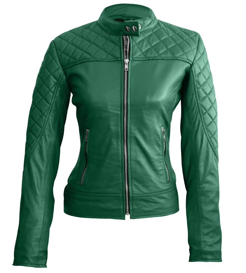 Women Green Quilted Genuine Leather Jacket