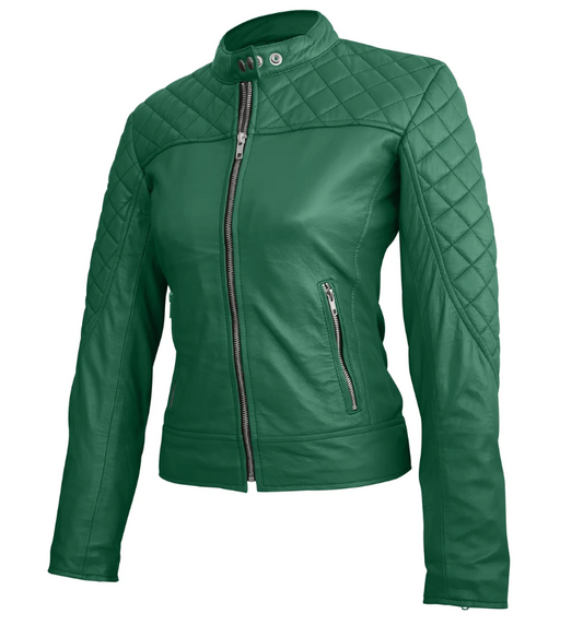 Women Green Quilted Genuine Leather Jacket