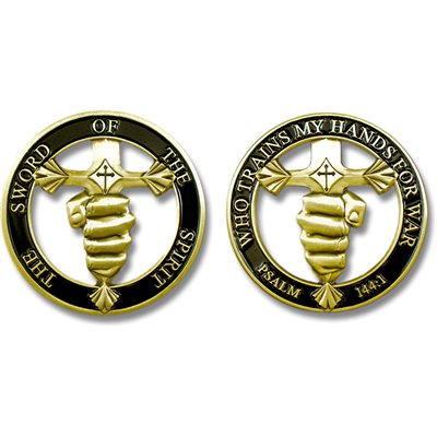 Sword of the Spirit Cutout Challenge Coin – front and reverse