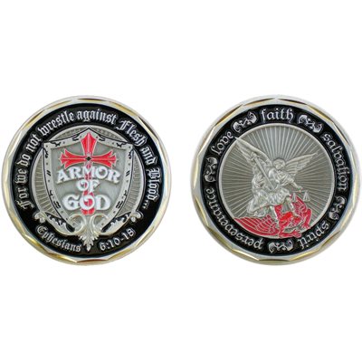 Armor of God St. Michael Shield Challenge Coin – front and reverse
