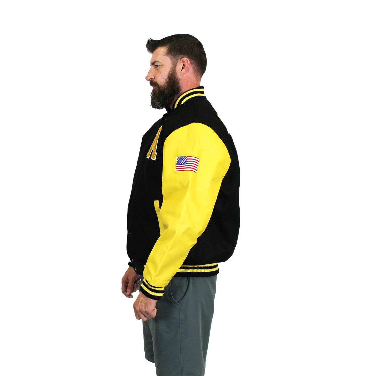 U.S. Army Varsity Jacket with Leather Sleeve- Yellow/Black – view 3