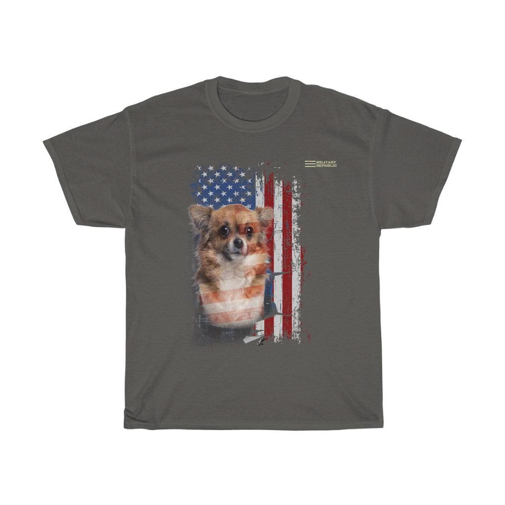 Chihuahua Dog with Distressed USA Flag Patriotic T-shirt - Military Republic