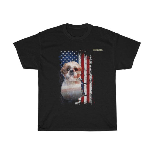 Shih Tzu Dog with Distressed USA Flag Patriotic T-shirt - Military Republic