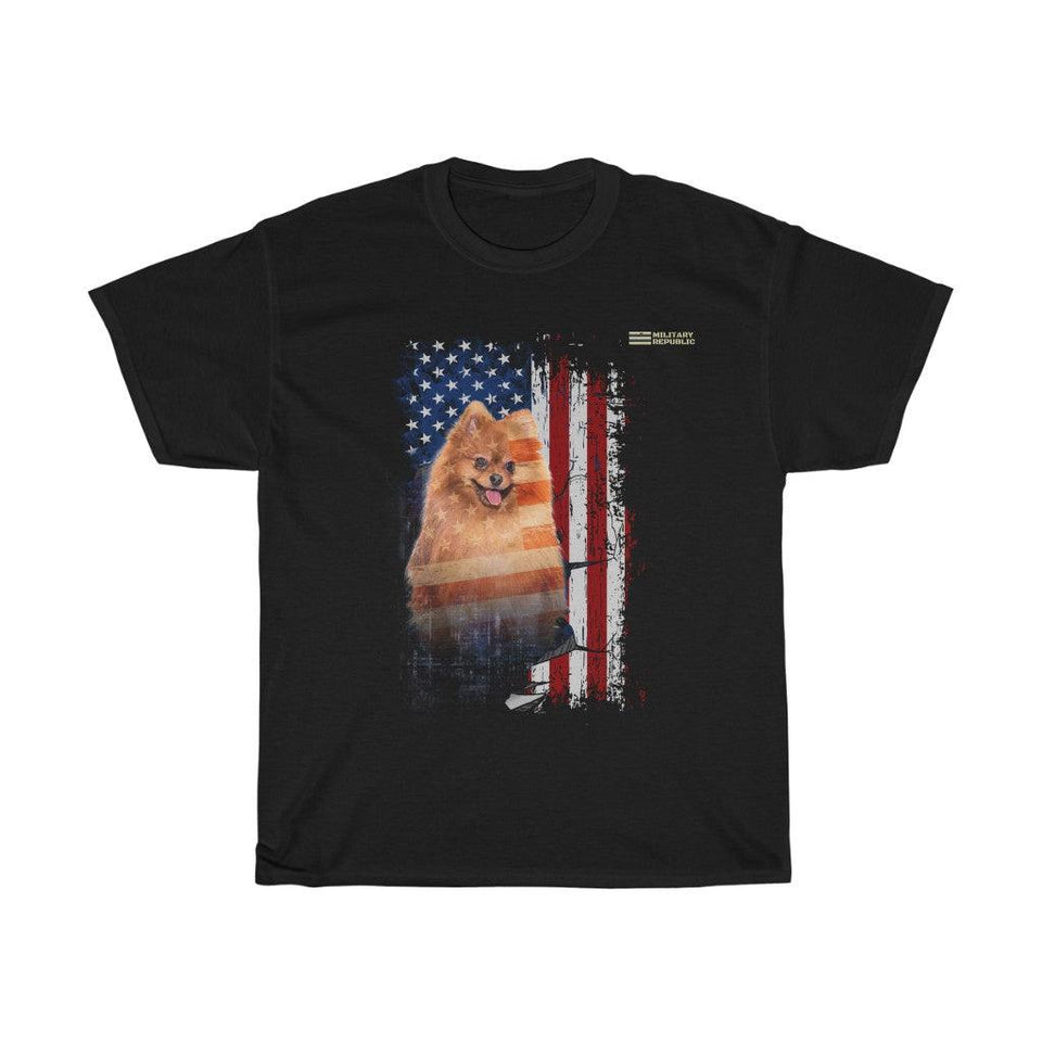 Pomeranian Dog with Distressed USA Flag Patriotic T-shirt - Military Republic