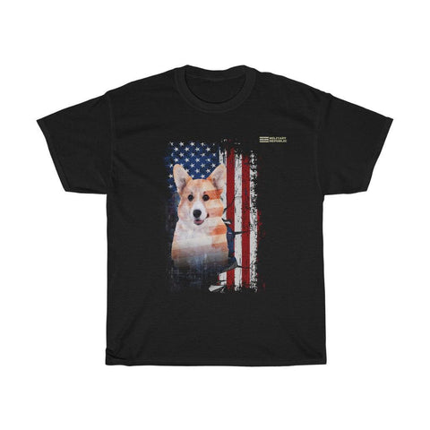 Pembroke Welsh Corgi Dog with Distressed USA Flag Patriotic T-shirt - Military Republic