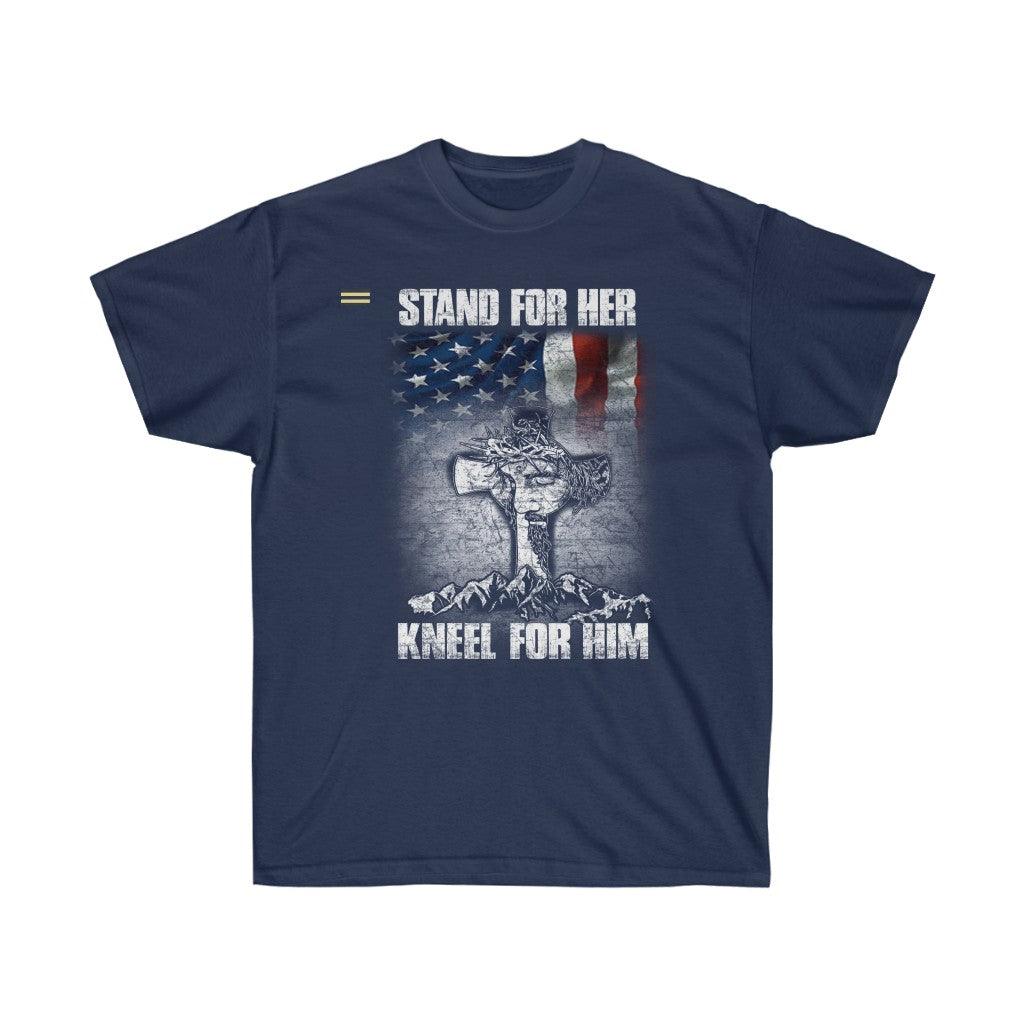 Stand for Her - Kneel for Him Flag & Cross T-shirt - Military Republic