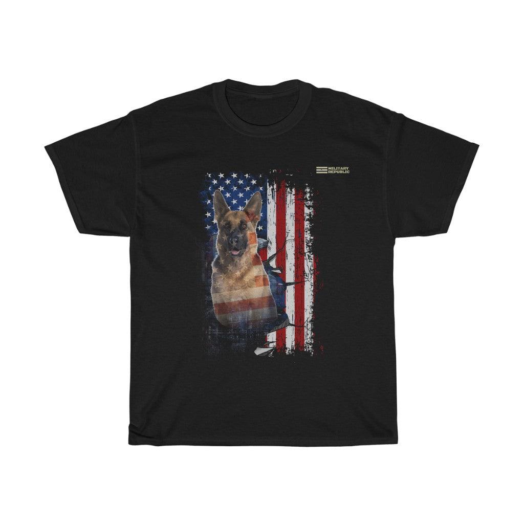 German Shepherd Dog with Distressed USA Flag Patriotic T-shirt - Military Republic