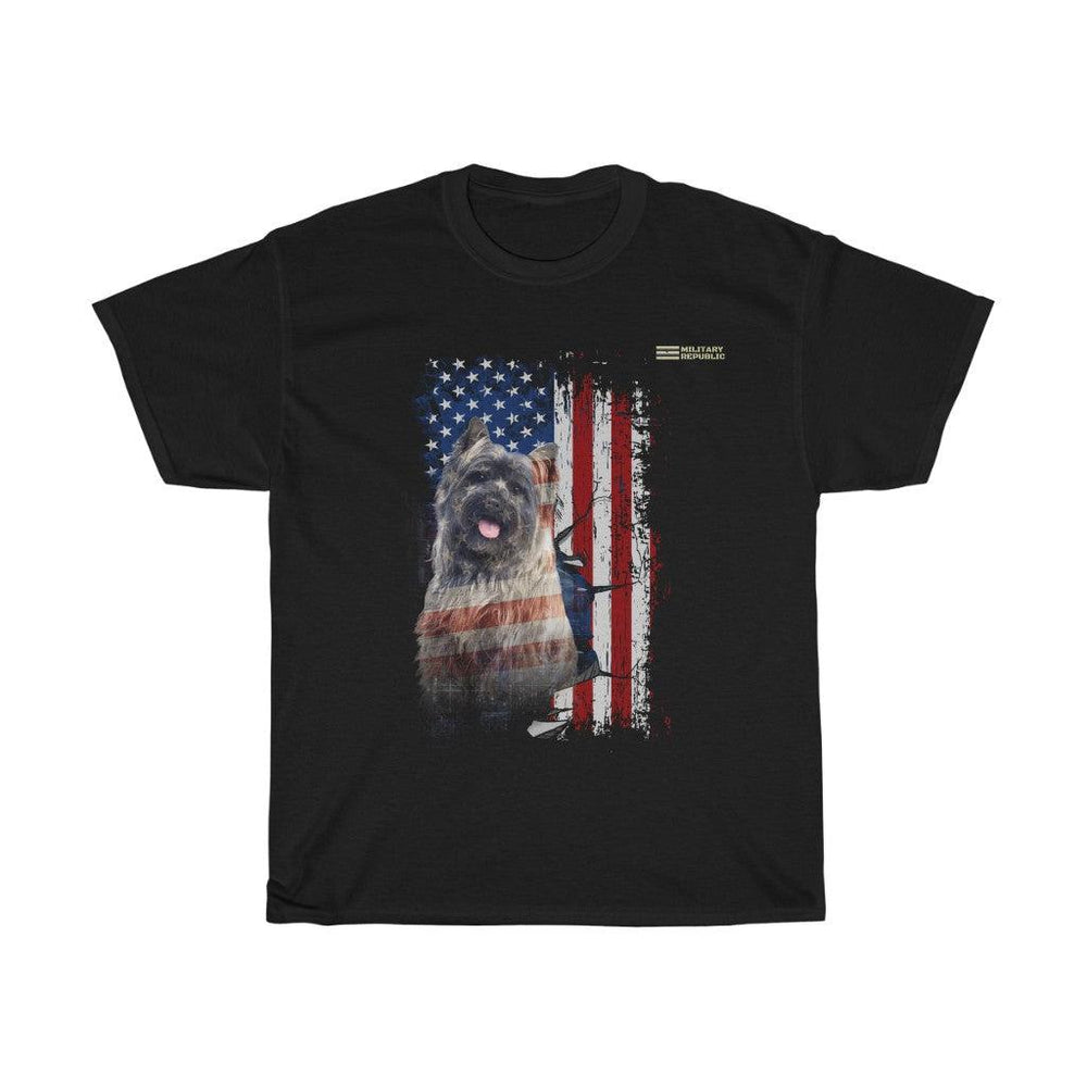 Cairn Terrier Dog with Distressed USA Flag Patriotic T-shirt - Military Republic