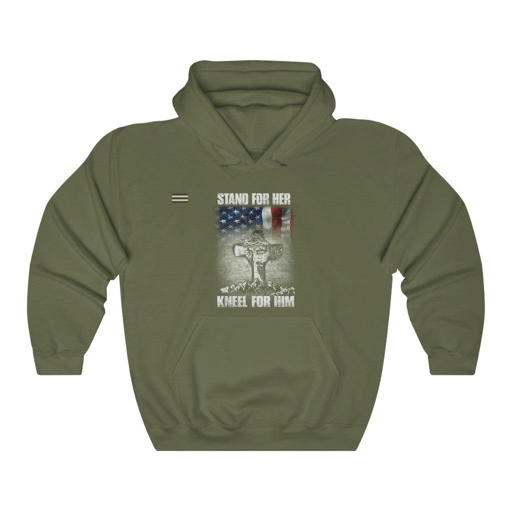 Stand For Her Kneel For Him Flag & Cross Unisex Hoodie - Military Republic