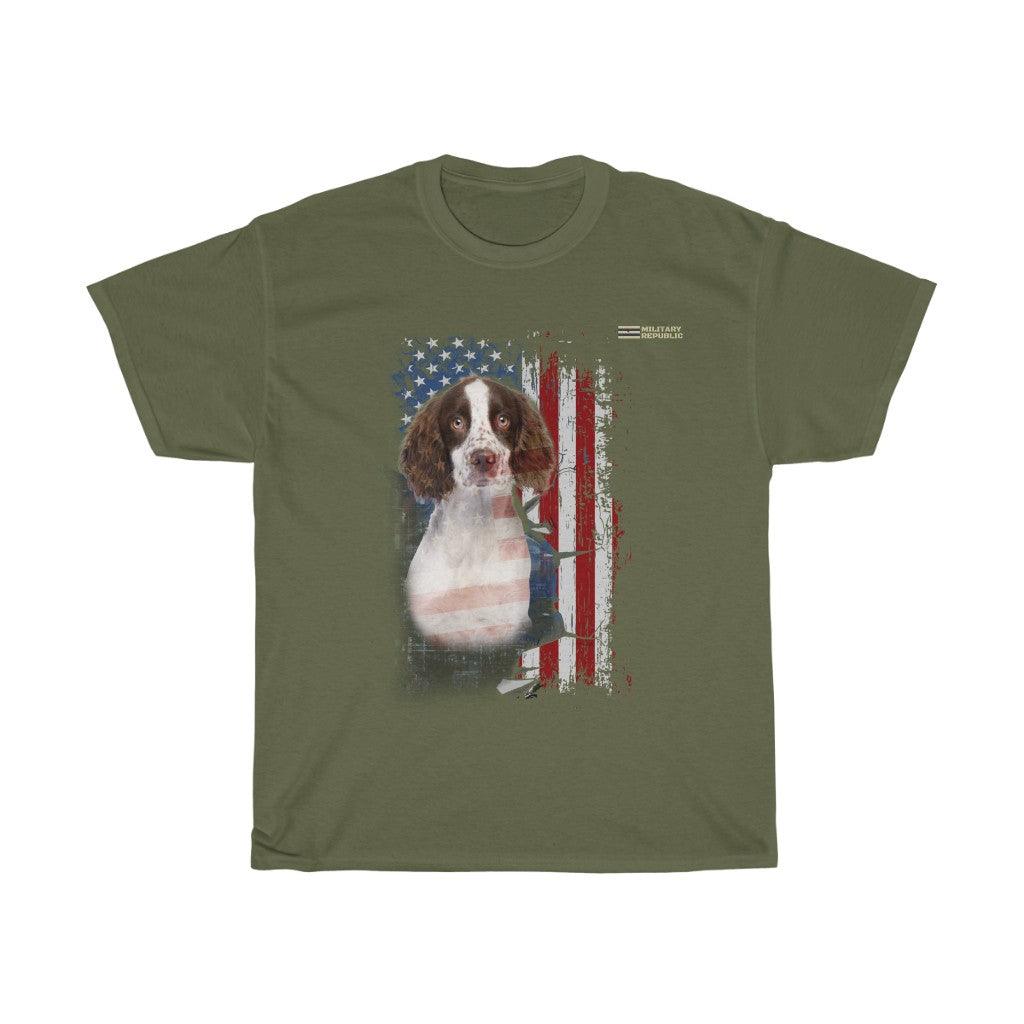 English Springer Spaniel Dog with Distressed USA Flag Patriotic T-shirt - Military Republic