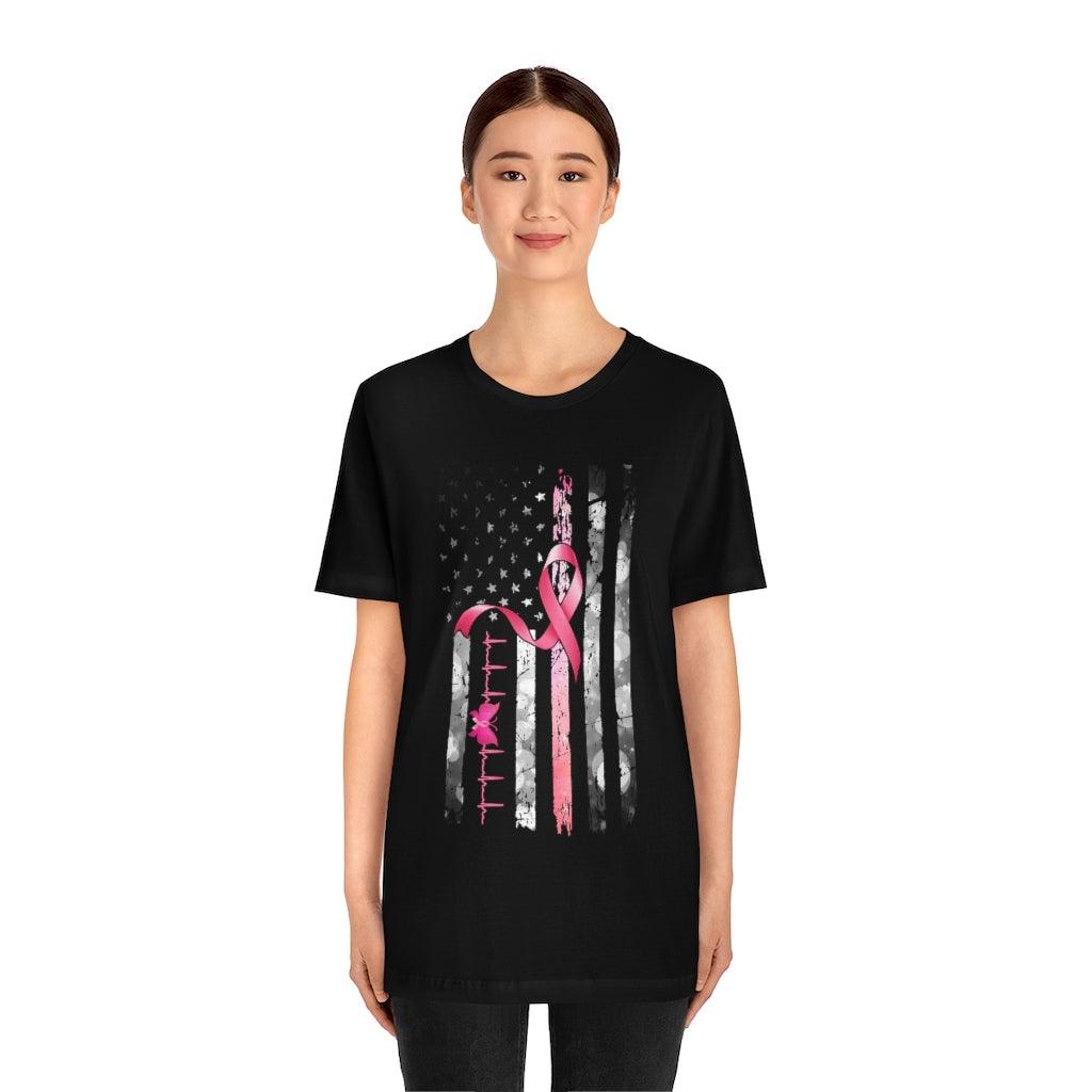 Pink Ribbon With USA Flag And Heart Beat Design T-shirt - Military Republic