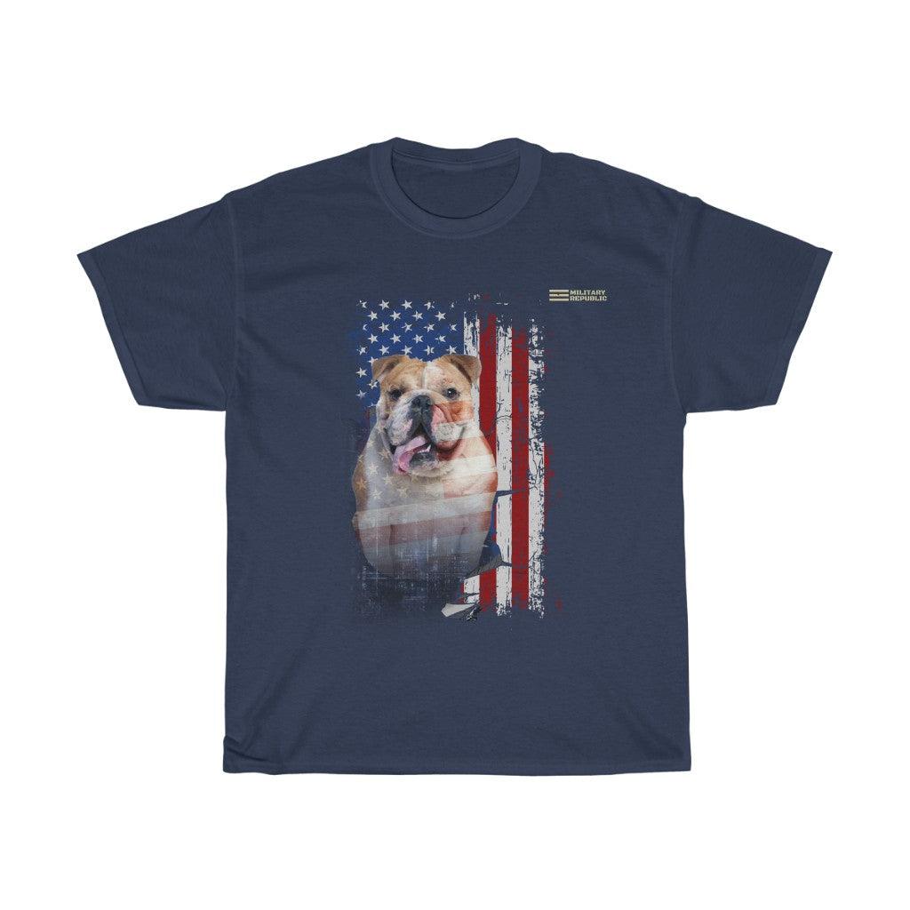 English Bulldog with Distressed USA Flag Patriotic T-shirt - Military Republic
