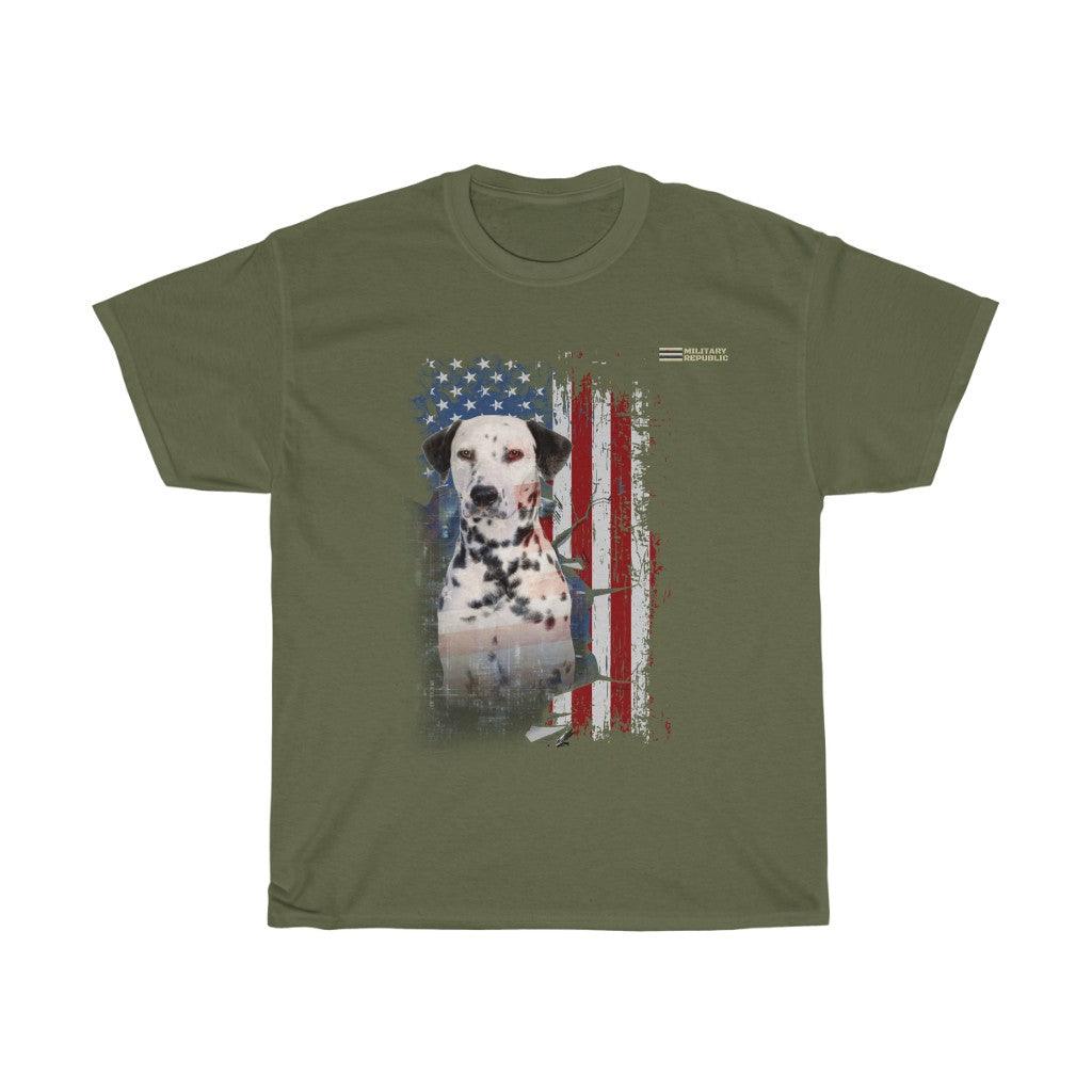 Dalmatian Dog with Distressed USA Flag Patriotic T-shirt - Military Republic
