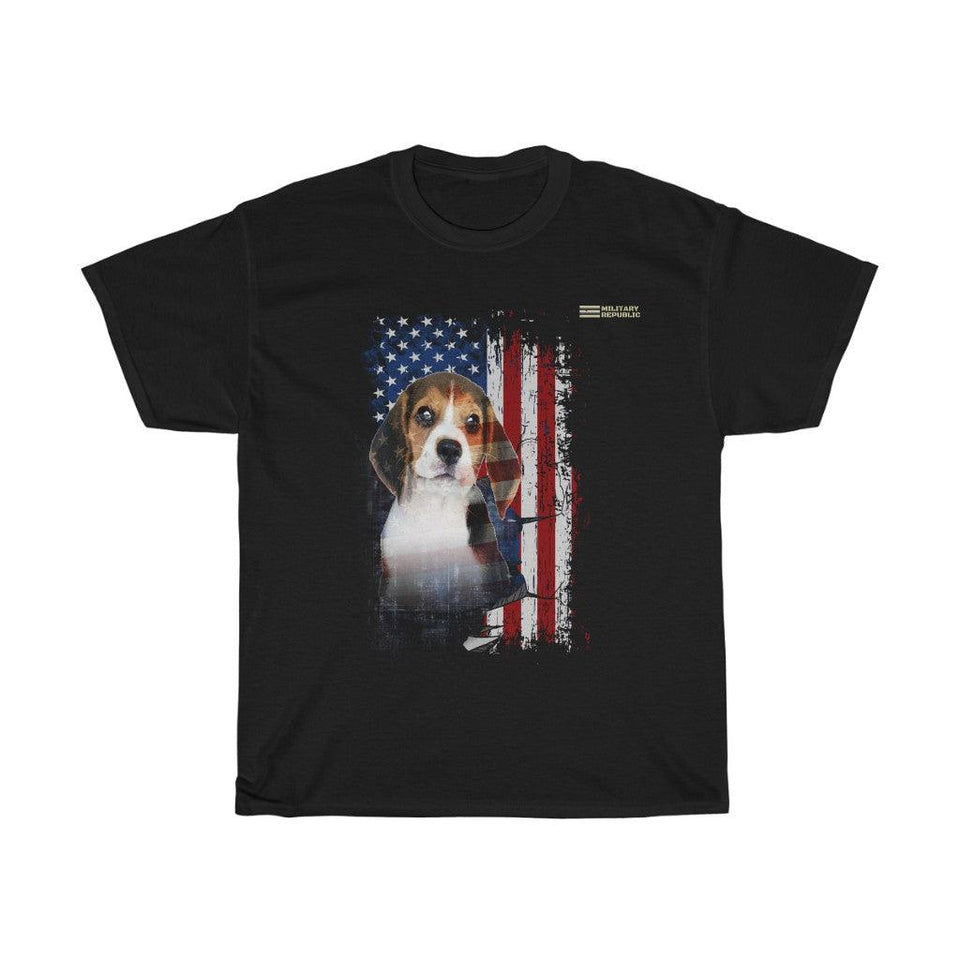 Beagle Dog with Distressed USA Flag Patriotic T-shirt - Military Republic