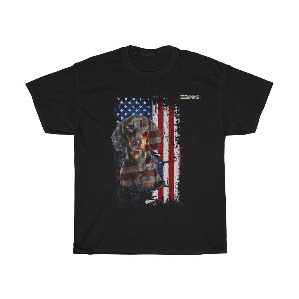 Dachshund Dog with Distressed USA Flag Patriotic T-shirt - Military Republic