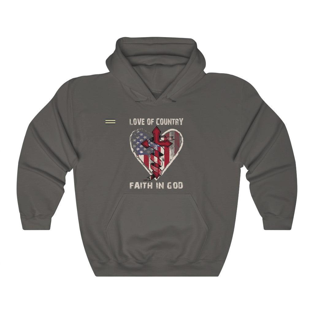 Love of Country Faith in God Cross & USA Flag Unisex Hoodie - Military Republic