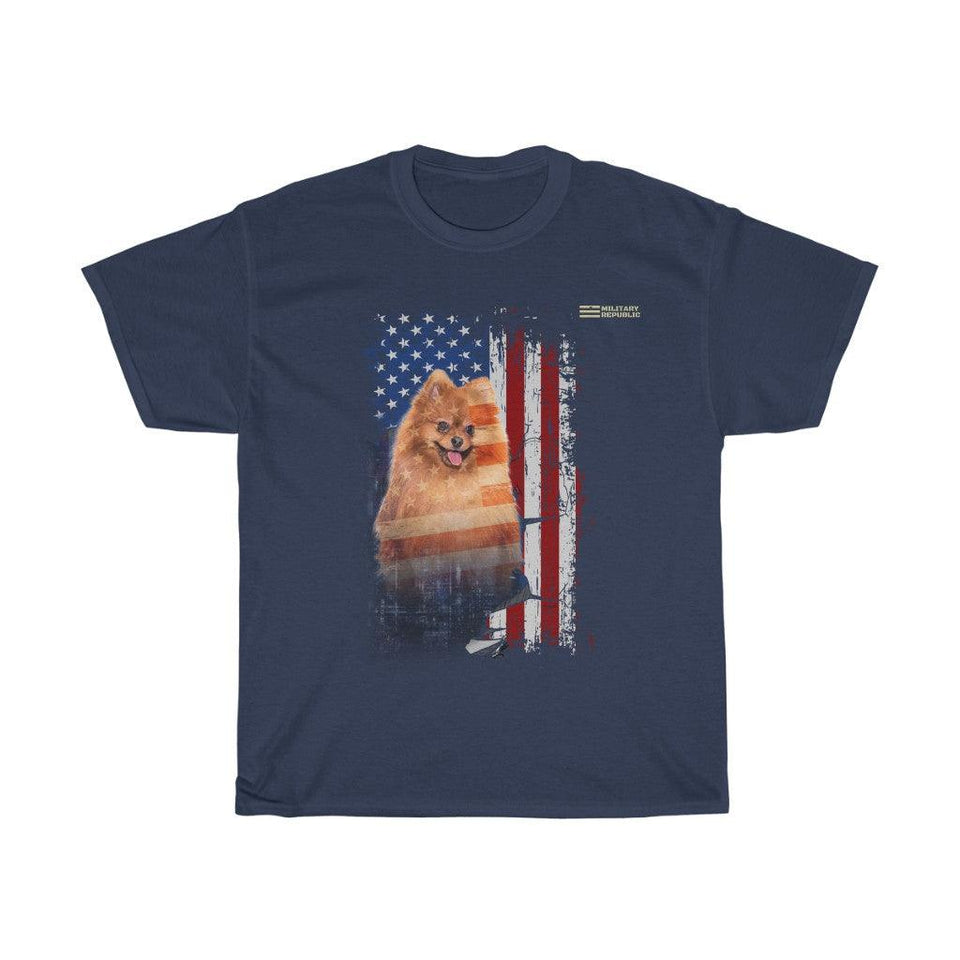 Pomeranian Dog with Distressed USA Flag Patriotic T-shirt - Military Republic