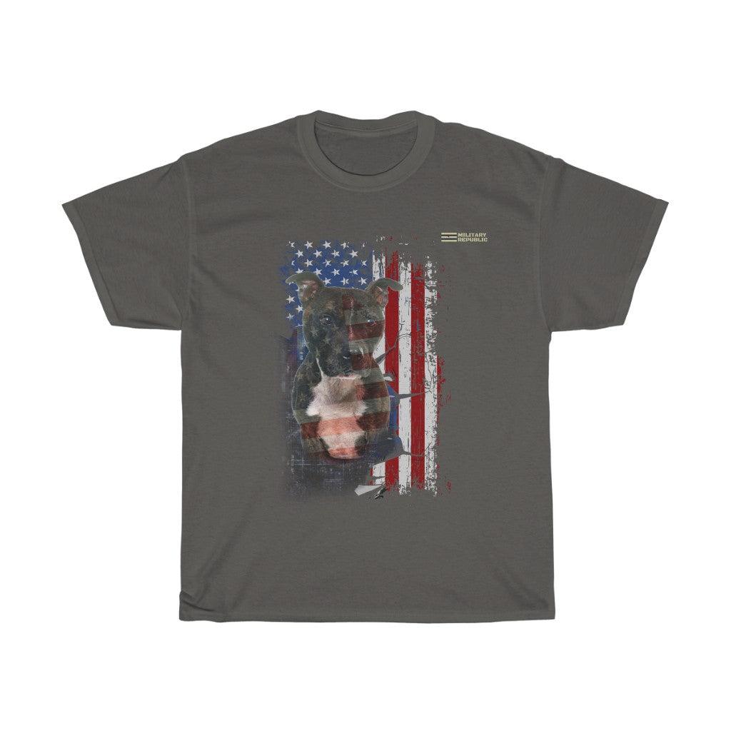 Staffordshire Bull Terrier Dog with Distressed USA Flag Patriotic T-shirt - Military Republic
