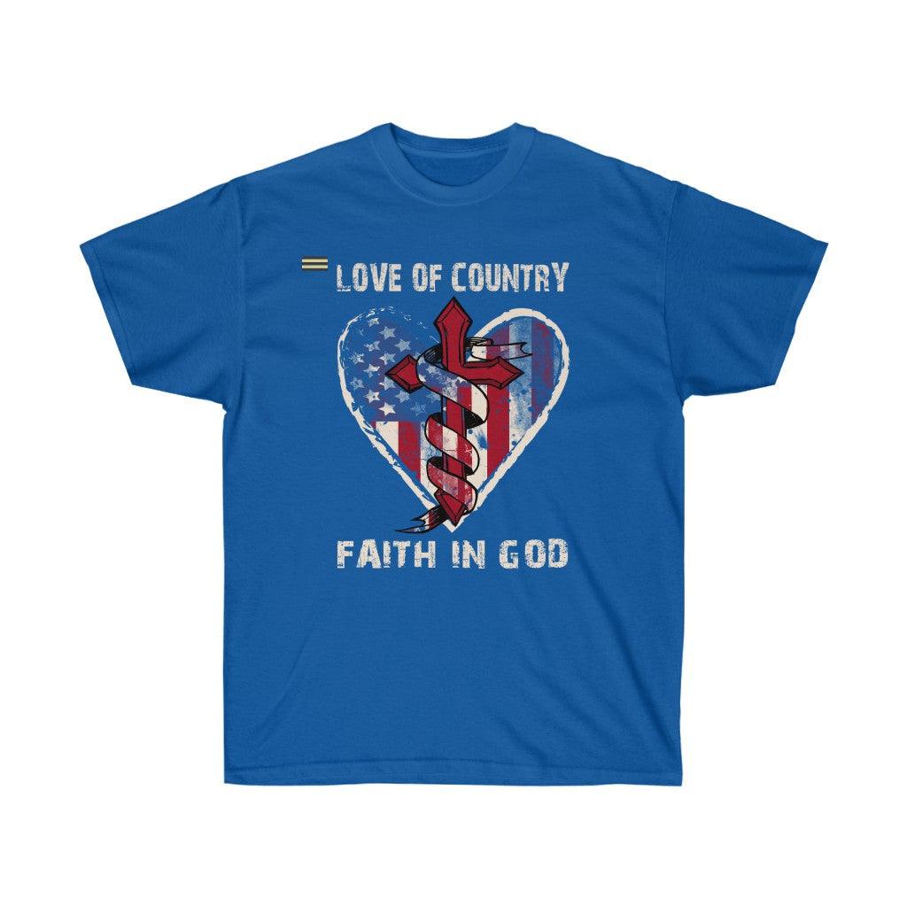 Love of Country Faith in God Cross & USA Flag T-shirt - Military Republic