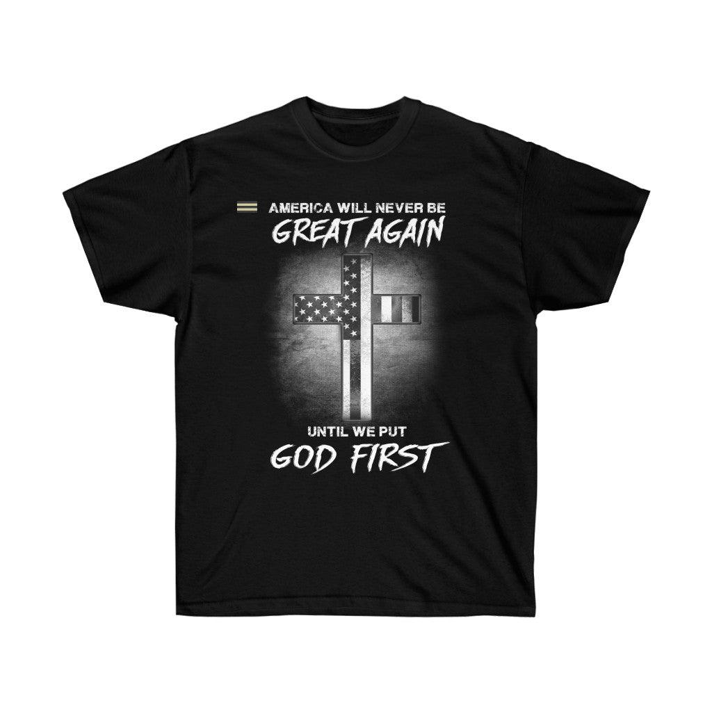 Put God First America Cross & Flag T-shirt - Military Republic