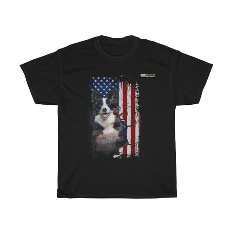 Border Collie Dog with Distressed USA Flag Patriotic T-shirt - Military Republic