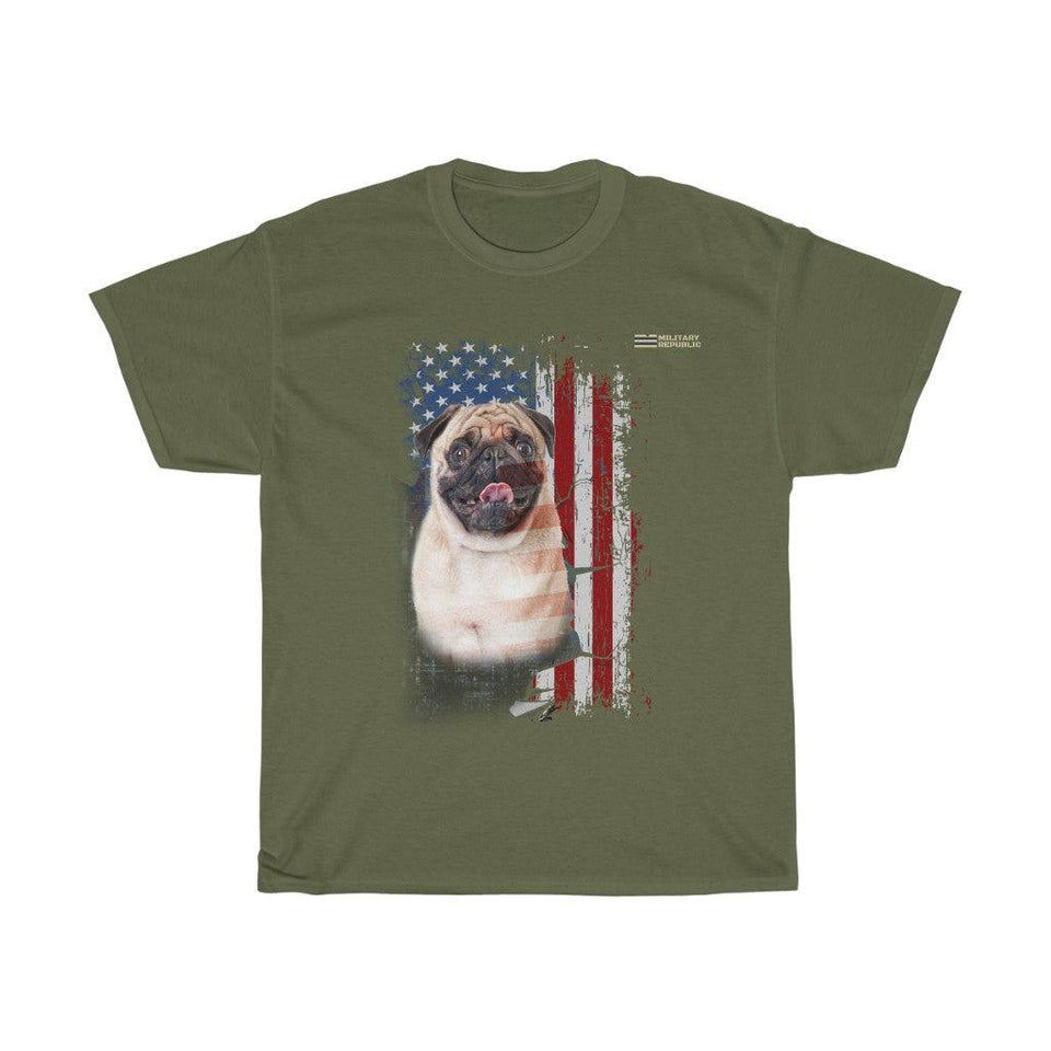 Pug Dog with Distressed USA Flag Patriotic T-shirt - Military Republic