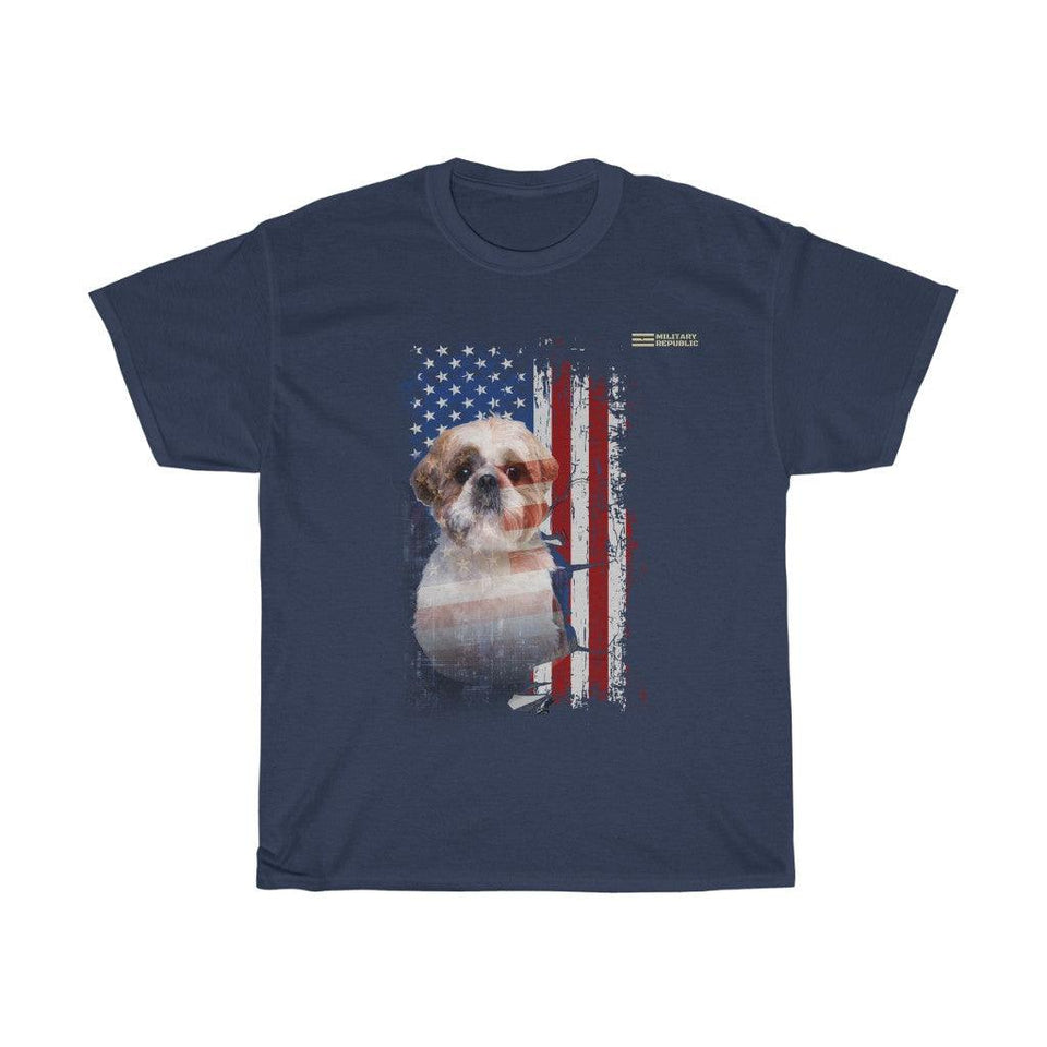 Shih Tzu Dog with Distressed USA Flag Patriotic T-shirt - Military Republic