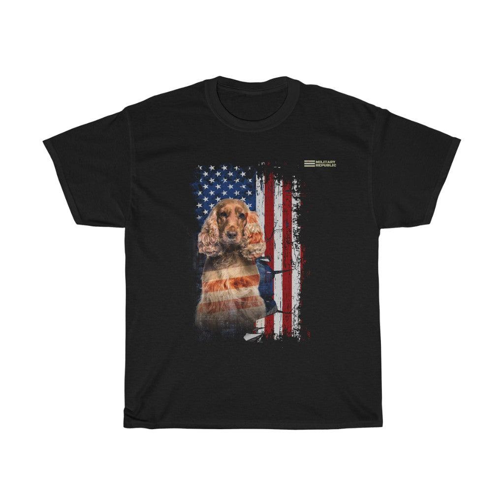 Cocker Spaniel Dog with Distressed USA Flag Patriotic T-shirt - Military Republic