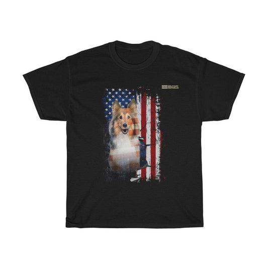 Rough Collie Dog with Distressed USA Flag Patriotic T-shirt - Military Republic