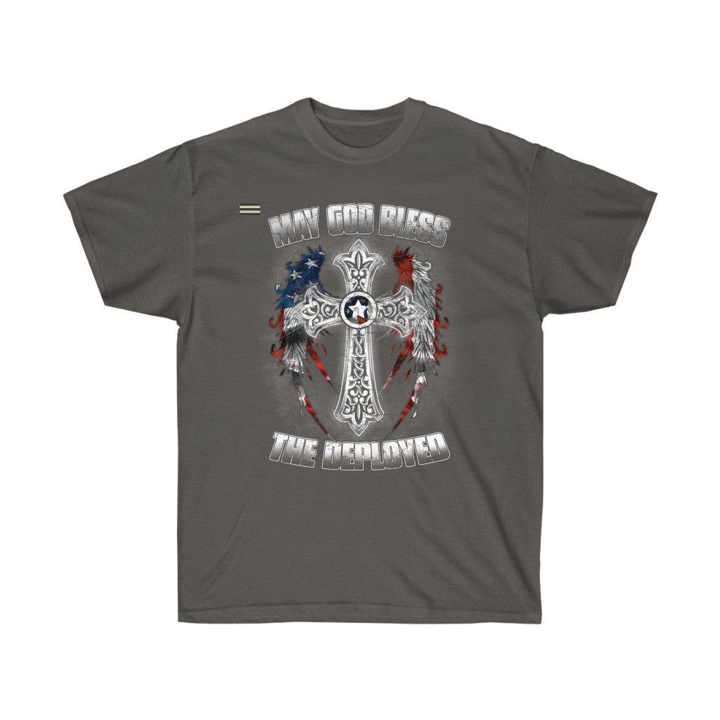 God Bless The Deployed Cross Wings & USA Flag T-shirt - Military Republic