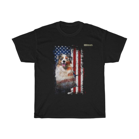 Australian Shepherd Dog with Distressed USA Flag Patriotic T-shirt - Military Republic