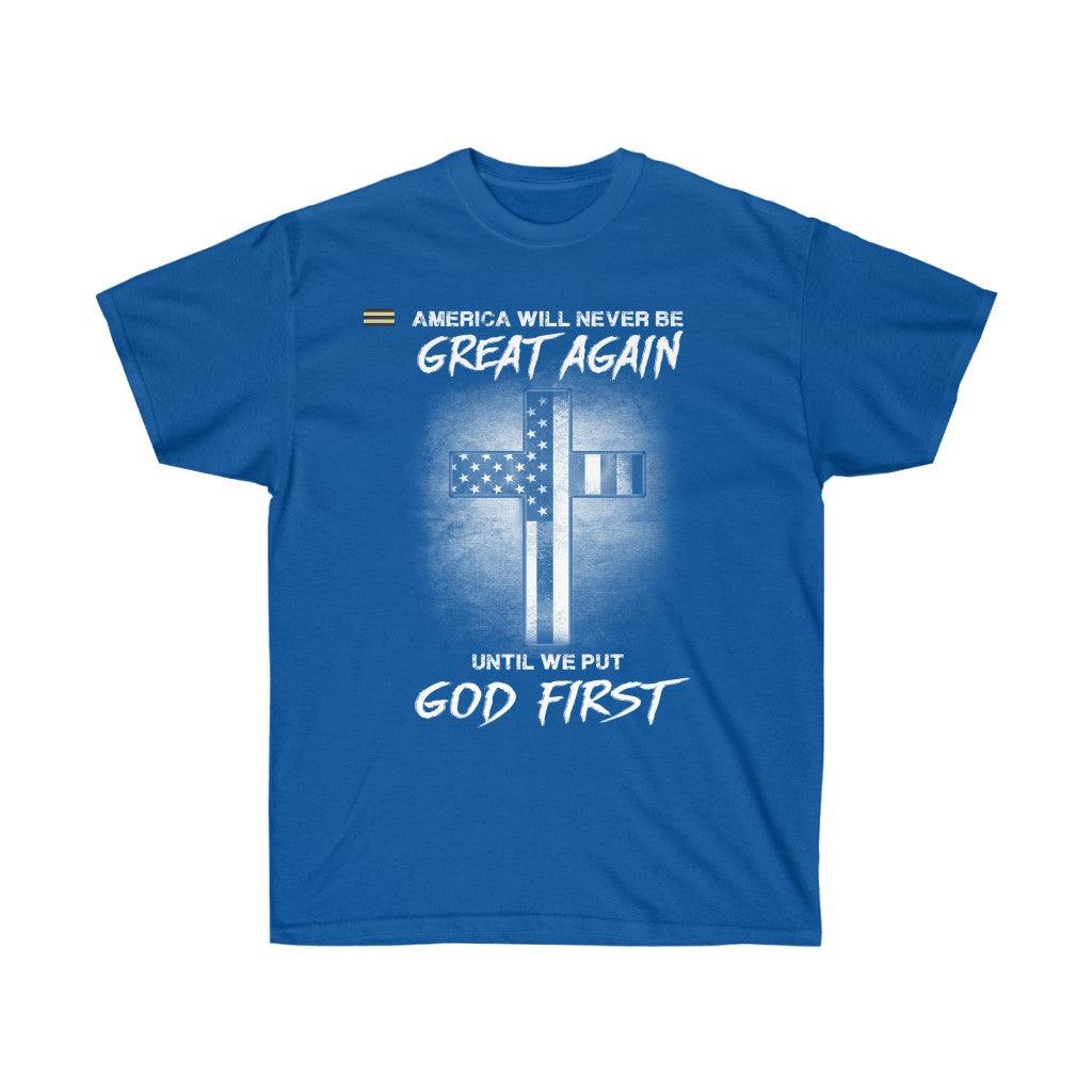 Put God First America Cross & Flag T-shirt - Military Republic