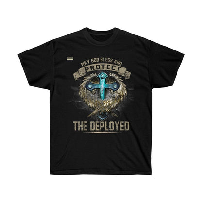 God Bless and Protect the Deployed Cross & Angel T-shirt - Military Republic