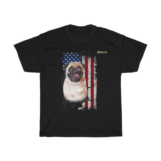 Pug Dog with Distressed USA Flag Patriotic T-shirt - Military Republic