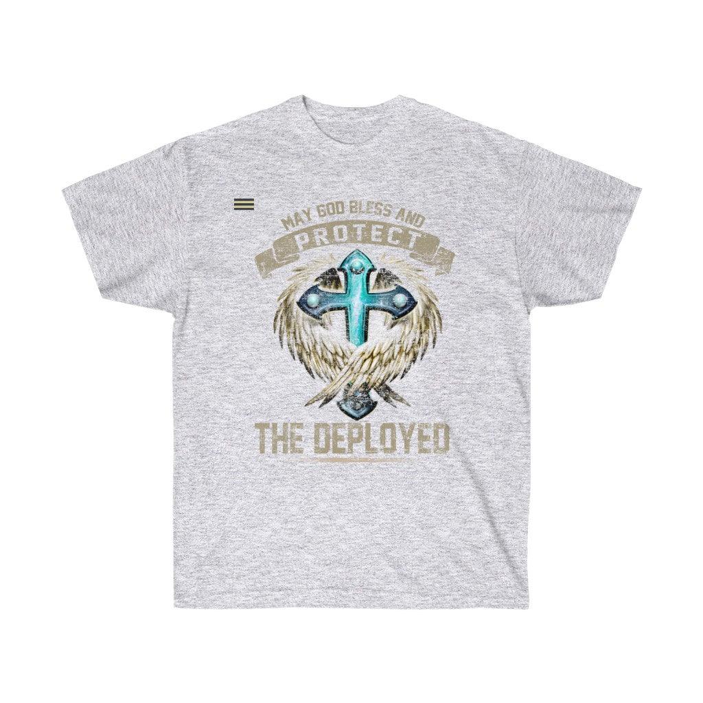 God Bless and Protect the Deployed Cross & Angel T-shirt - Military Republic