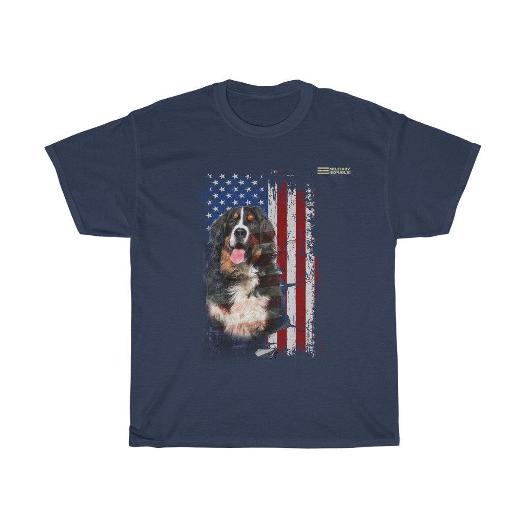 Bernese Mountain Dog with Distressed USA Flag Patriotic T-shirt - Military Republic