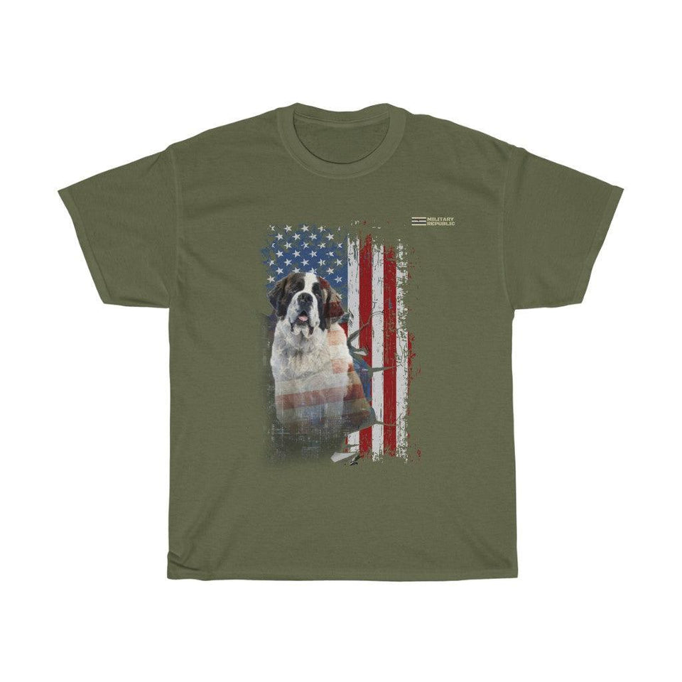 Saint Bernard Dog with Distressed USA Flag Patriotic T-shirt - Military Republic