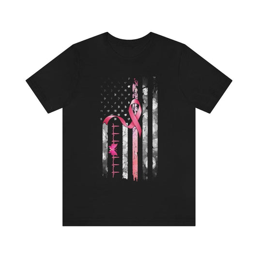 Pink Ribbon With USA Flag And Heart Beat Design T-shirt - Military Republic