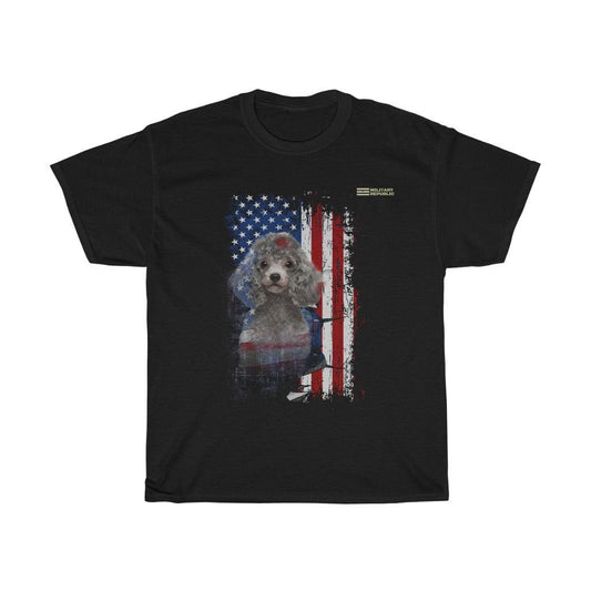 Poodle Dog with Distressed USA Flag Patriotic T-shirt - Military Republic