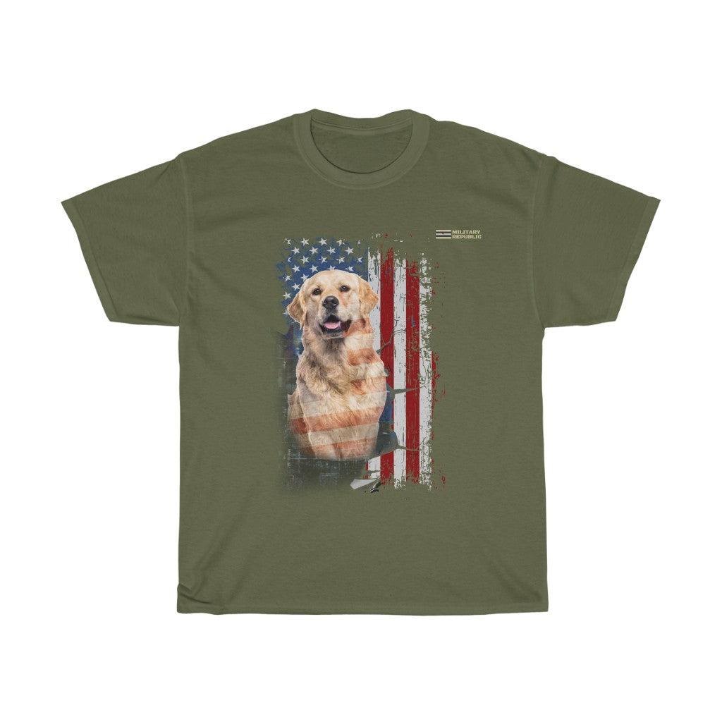 Golden Retriever Dog with Distressed USA Flag Patriotic T-shirt - Military Republic