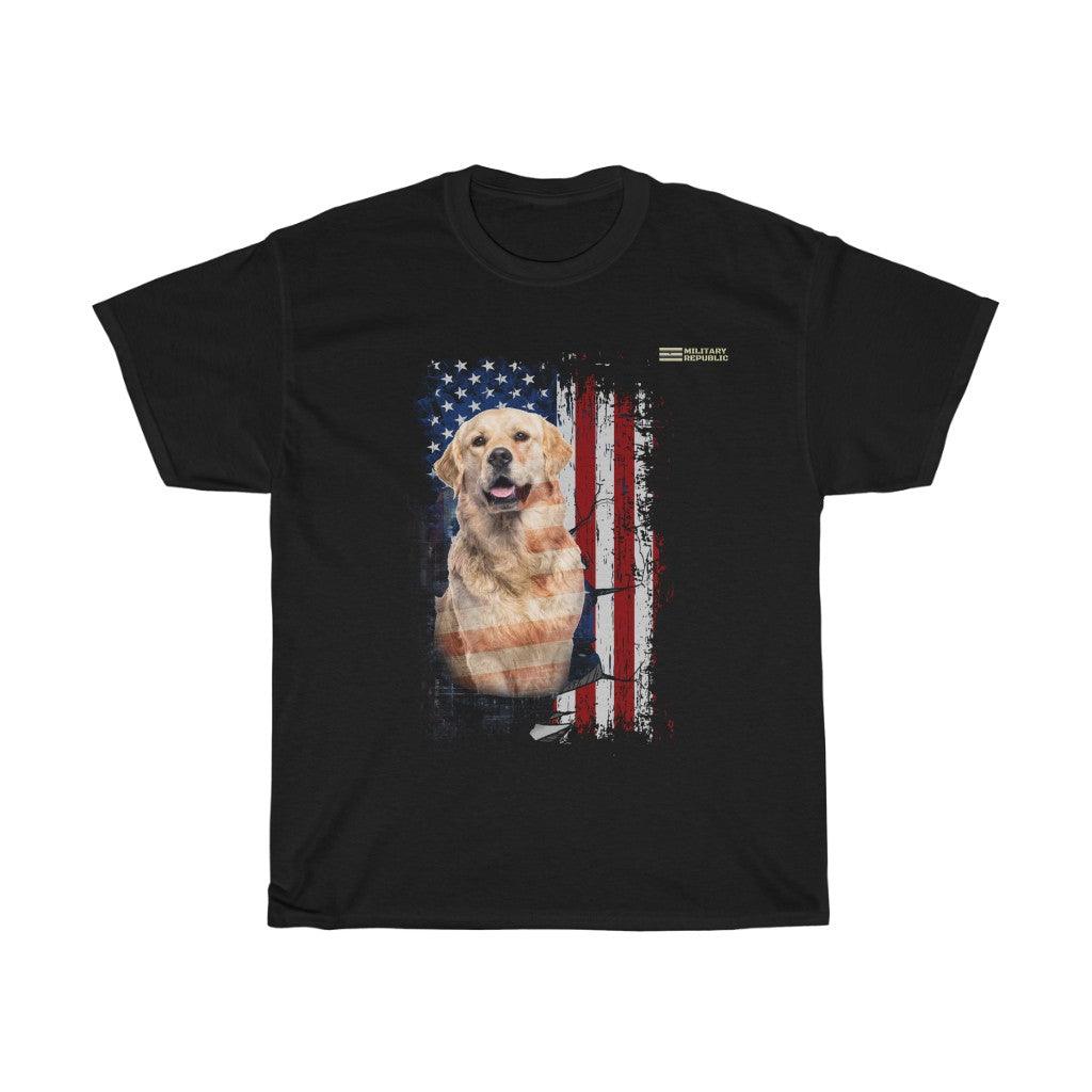 Golden Retriever Dog with Distressed USA Flag Patriotic T-shirt - Military Republic