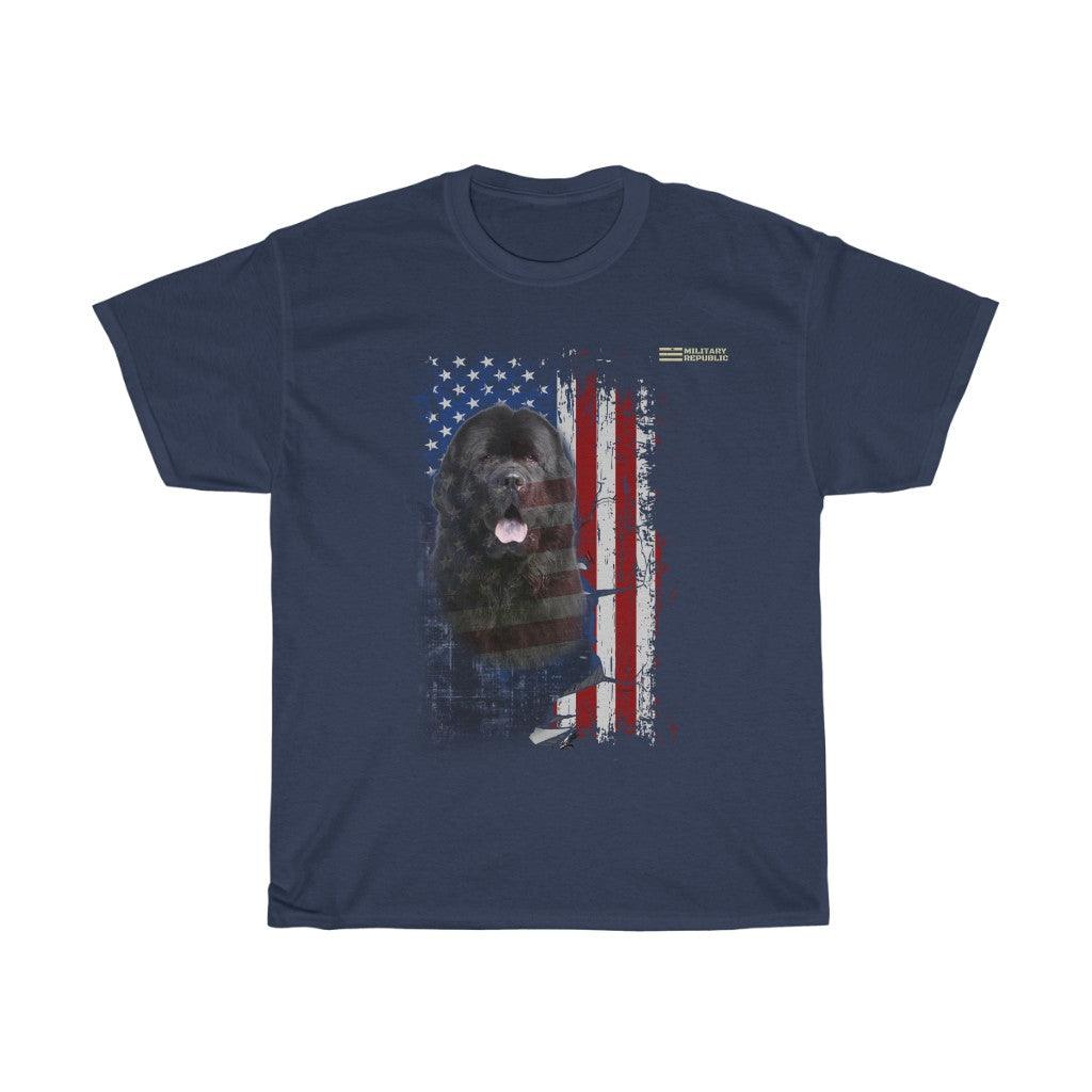 Newfoundland Dog with Distressed USA Flag Patriotic T-shirt - Military Republic