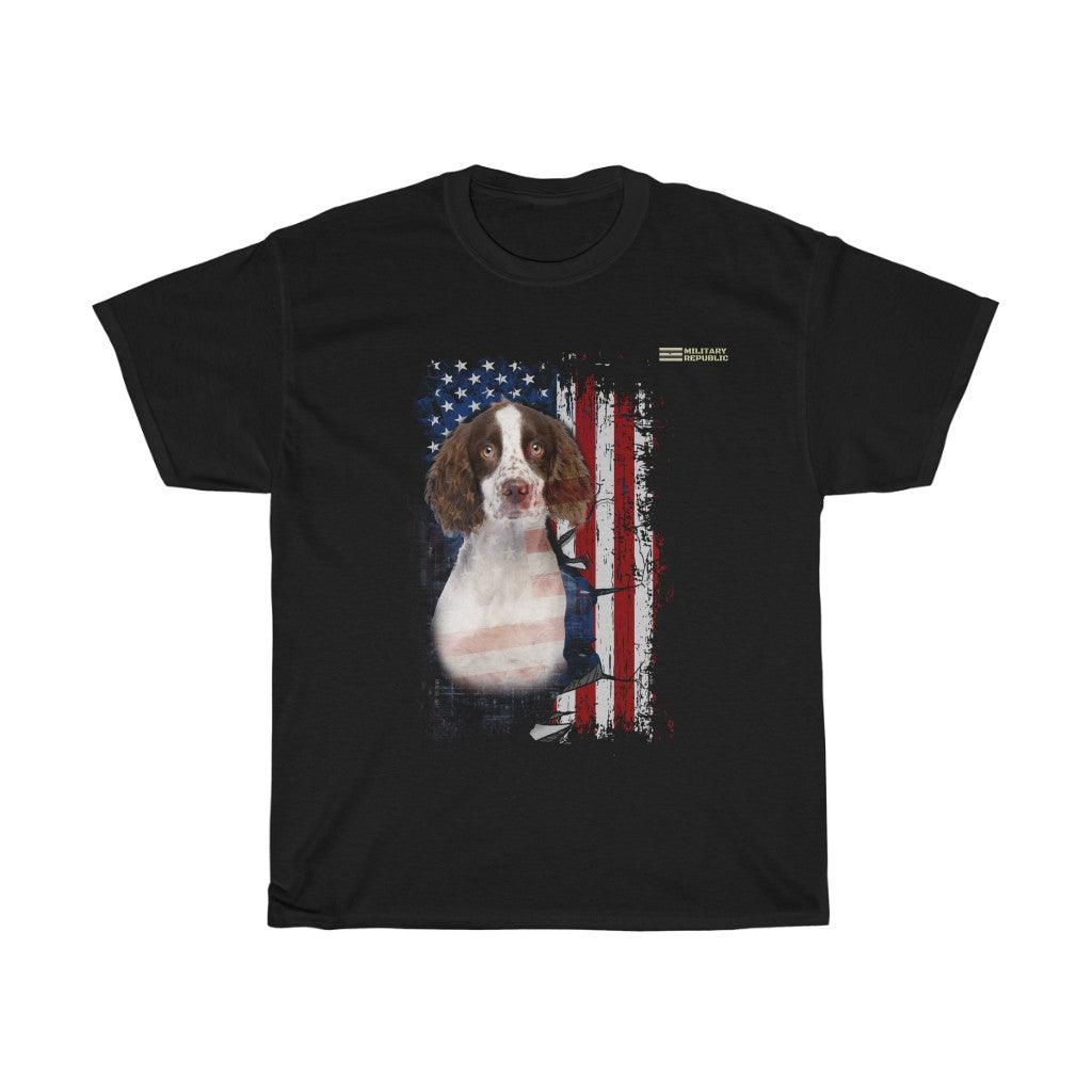 English Springer Spaniel Dog with Distressed USA Flag Patriotic T-shirt - Military Republic