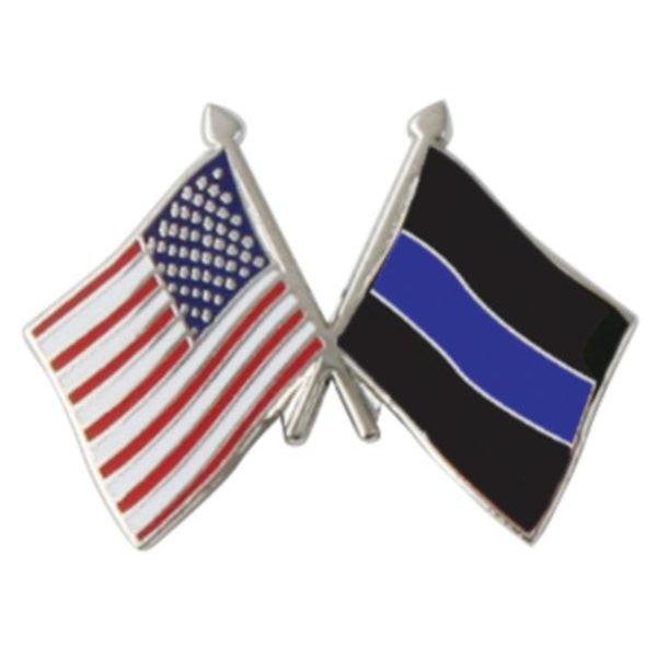 American and Police Thin Blue Line Crossed Flags 1" Lapel Pin - Military Republic