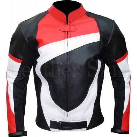 Biker Champion Black Leather Jacket with Red & White Pattern - Military Republic