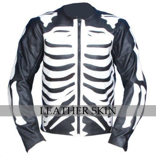 Black Genuine Collarless Jacket with White Skeleton Design - Military Republic