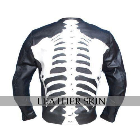 Black Genuine Collarless Jacket with White Skeleton Design - Military Republic