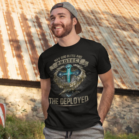 God Bless and Protect the Deployed Cross & Angel T-shirt - Military Republic